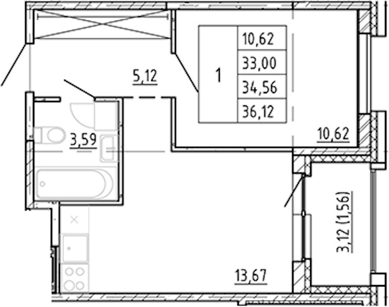 1-комнатная квартира 33 м², 8/12 эт., ЖК «Полис Новоселье»